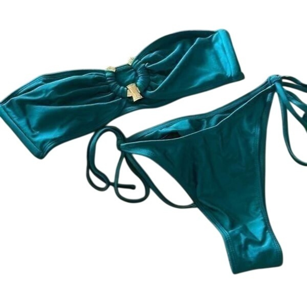 ZAFUL O Ring Bandeau Bikini Swimwear Teal Green Metallic Strappy Tie Size L